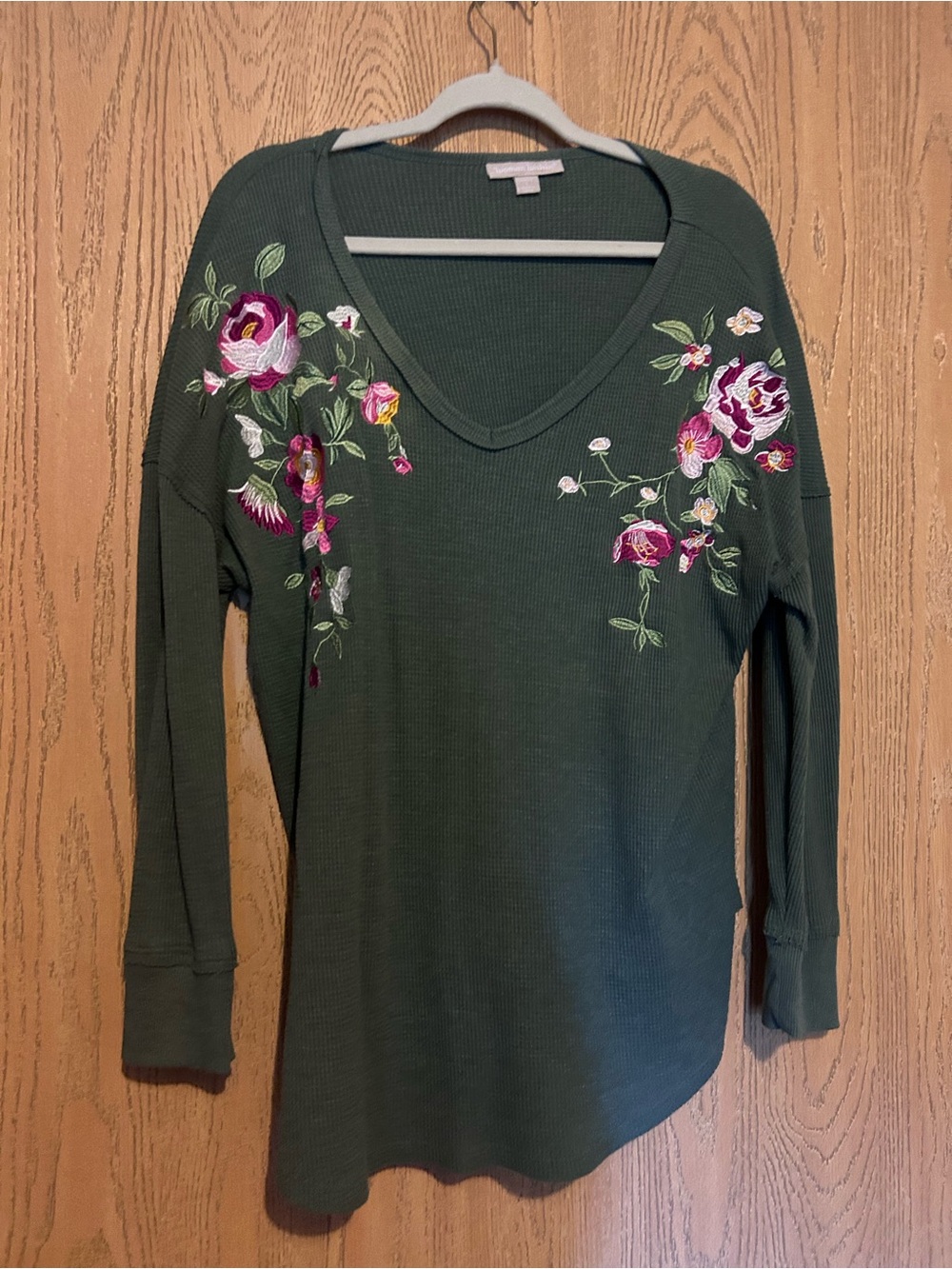 Woman Within Dark Green V‑Neck Thermal Top with Floral Embroidery